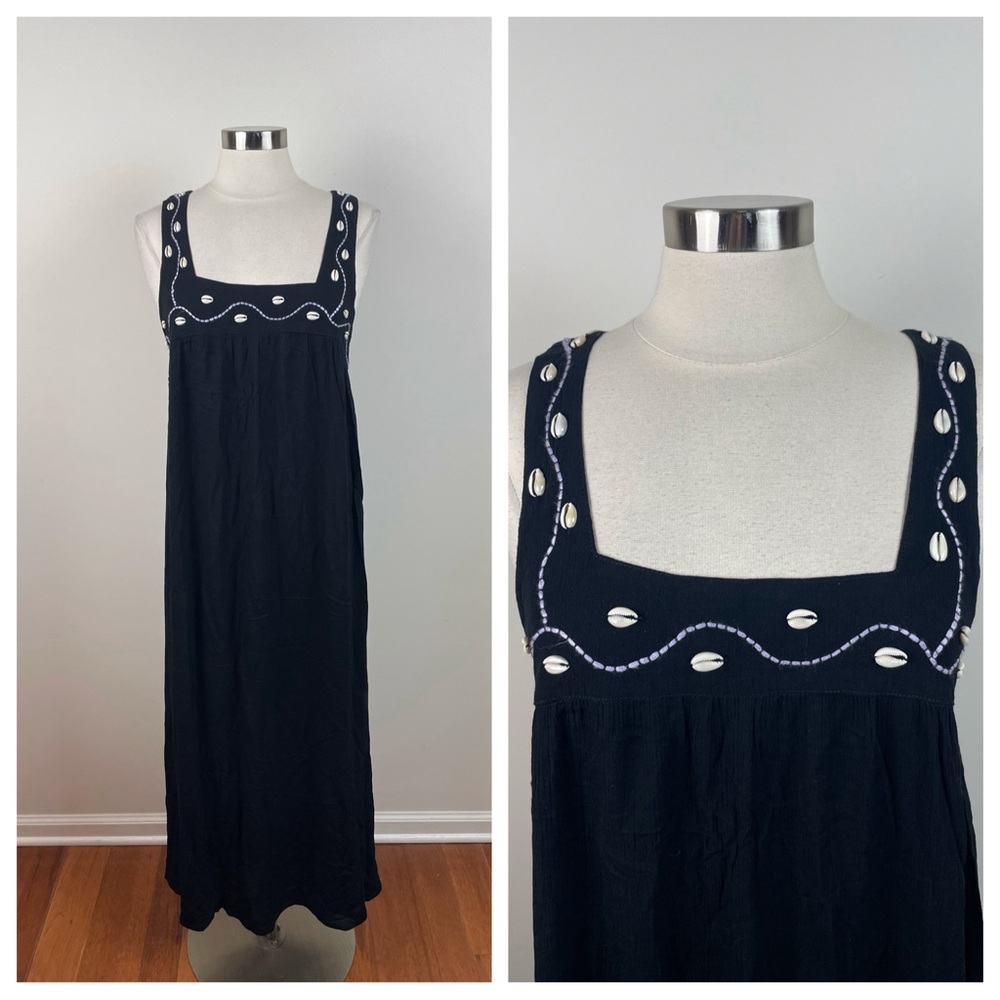 Lani Lau Hawaii Black Purple Seashell Tropical Maxi Dress Women Small Boho